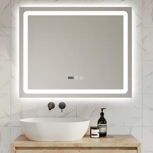 Oglindă LED Baie 80x60 cm cu Touch Premium, Dezaburire,3 Tipuri de Lumini, Termometru și Ceas