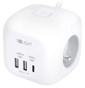 Prelungitor 3 prize + USB – cub, 2m, întrerupător, 3x1,0, alb