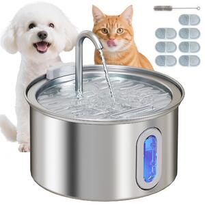 PawHut Fântână din Inox 2,5L pentru Pisici cu LED și 2 Moduri de Flux, Argintiu | Aosom Romania