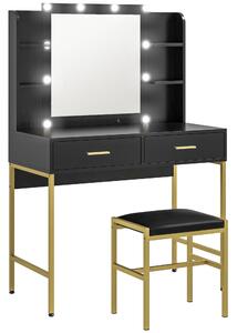 HOMCOM Masă de Machiaj cu Oglindă, 10 Becuri și Taburet Căptușit, 90x45x132,5 cm, Negru | Aosom Romania