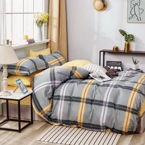 Lenjerie de pat calitativă, de culoare gri-galben, cu motiv geometric 3 părți: 1buc 180x200 + 2buc 70 cmx80