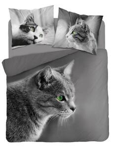 Lenjerie de pat din bumbac gri, cu motiv de pisică 3 părți: 1ks 200x220 + 2ks 70 cmx80