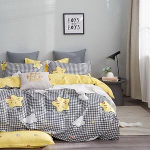 Lenjerie de pat cu stele galbene 4 părți: 1buc 160 cmx200 + 2buc 70 cmx80 + cearșaf de pat