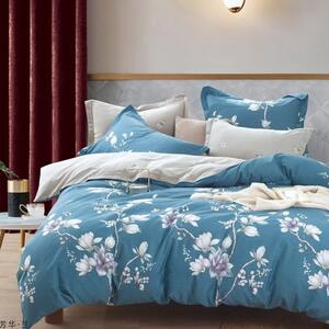 Lenjerie de pat reversibilă albastră, cu model floral 3 părți: 1buc 180x200 + 2buc 70 cmx80