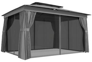 Outsunny Pavilion de Grădină 3,8x3 m cu Perdele, Plasă de Țânțari, Cârlige, Pavilion de Exterior cu Acoperiș Dublu, Orificii de Drenaj, Structură Metalică, pentru Grădină, Terasă, Petreceri, UV30+, Gri Închis | Aosom Romania