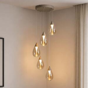 Searchlight Lampă suspendată LED Pear, 5 becuri, rotundă, bej, sticlă chihlimbar, 3.000 K, reglabil, Bej, Camera de zi / sufragerie, Sticlă, Modern