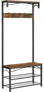 Mobilier hol cu rafturi, umerase,cu suport pentru pantofi și scaun, maro rustic 80x32x178cm