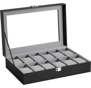 Carcasă din piele ecologică cu 12 compartimente, capac din sticlă, negru 30x20x8cm