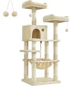 Stâlp de zgâriat pentru pisici, cu casă pentru pisici, locuri de odihnă de pluș, bej 143x55x45cm