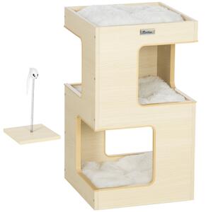 Mobilier pentru pisici, casă de pisici pe 3 niveluri cu pernă, cu jucărie șoarece, pentru interior, stejar 34 x 34 x 60 cm