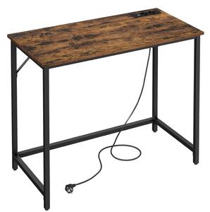 Birou, masă de calculator, cu priză încorporată, lumini LED, maro rustic 100x50x75cm