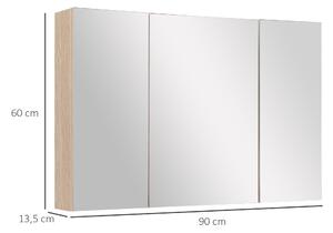 Kleankin Dulăpior de Perete pentru Baie, Mobilă cu 3 Uși cu Oglindă, 90x60x13,5 cm, Lemn | Aosom Romania
