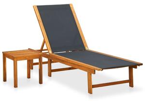 Șezlong de plajă cu masă, lemn masiv de acacia & textilenă