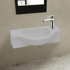 Chiuvetă de baie din ceramică, gaură pentru robinet și preaplin, alb