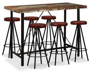 Set mobilier bar, 7 piese lemn masiv reciclat și piele naturală