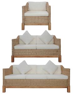Set de canapele cu perne, 3 piese, culoare naturală, ratan