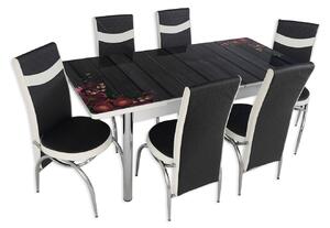 Set masă extensibilă Flori de Câmp cu 6 scaune negru alb