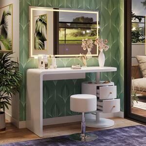 SEA462 - Set Masa toaleta, 120 cm, cosmetica machiaj, oglinda LED, masuta vanity cu sau fara scaun - Alb Lucios