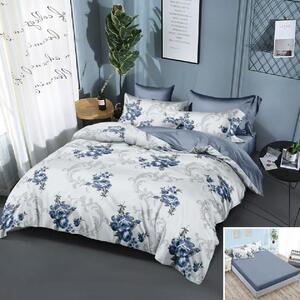 Lenjerie de pat, 2 persoane, finet, 6 piese, cu elastic, gri si alb, cu flori albastre, LEL185