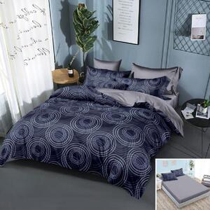 Lenjerie de pat, 2 persoane, finet, 6 piese, cu elastic, albastru si gri, cu cercuri, LEL188