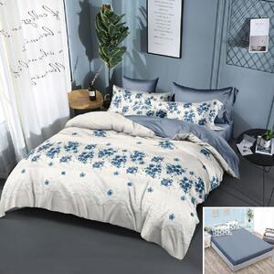Lenjerie de pat, 2 persoane, finet, 6 piese, cu elastic, gri si alb, cu flori albastre, LEL192