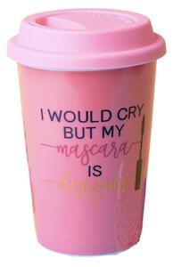 Cana ceramica de voiaj Pufo pentru cafea cu capac din silicon, 415 ml, model My mascara is Designer, roz
