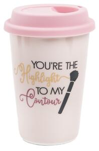 Cana ceramica de voiaj Pufo pentru cafea cu capac din silicon, 415 ml, model You're the Highlight, roz