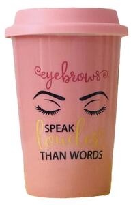 Cana ceramica de voiaj Pufo pentru cafea cu capac din silicon, 415 ml, model Eyebrows speak, roz