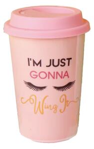 Cana ceramica de voiaj Pufo pentru cafea cu capac din silicon, 415 ml, model I just gonna, roz