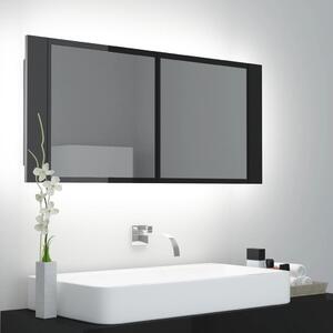 Dulap baie cu oglindă & LED negru extralucios 100x12x45cm acril