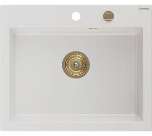 Mexen Elix chiuvetă din granit cu 1 compartiment 600 x 500 mm, albă, sifon auriu - 6525601005-20-G