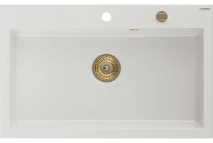 Mexen Elix chiuvetă de bucătărie din granit cu un singur compartiment 800 x 500 mm, alb, sifon auriu - 6527801005-20-G