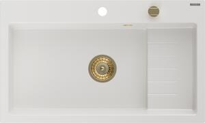 Mexen Omar chiuvetă de granit cu 1 compartiment 800 x 480 mm, alb, sifon auriu - 6520801005-20-G