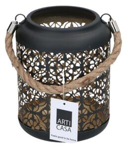 Felinar decorativ, din metal, cu model perforat floral și mâner din sfoară, 17 cm, Arti Casa