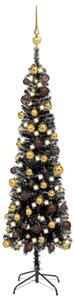Set brad de Crăciun subțire cu LED-uri și globuri negru 150 cm