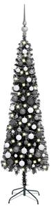 Set pom de Crăciun subțire cu LED-uri și globuri negre 210 cm