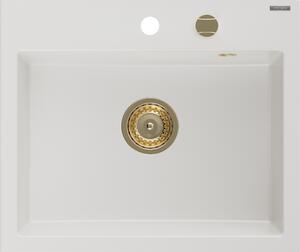 Mexen Oscar chiuvetă din granit cu 1 compartiment 580 x 490 mm, alb, sifon auriu - 6519581000-20-G