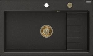 Mexen Omar chiuvetă de granit cu 1 compartiment 800 x 480 mm, negru/auriu metalizat, sifon auriu - 6520801005-75-G