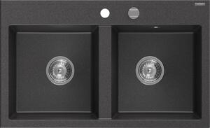 Mexen Hektor chiuvetă din granit cu 2 compartimente 800 x 480 mm, negru pătat, sifon crom - 6521802000-76
