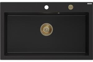 Mexen Elix chiuvetă de bucătărie din granit cu 1 compartiment 800 x 500 mm, neagră, sifon auriu - 6527801005-77-G
