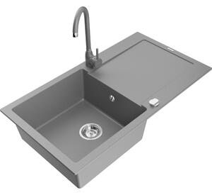 Mexen Leo chiuvetă de granit cu 1 compartiment cu scurgător și baterie de bucătărie Telma, gri - 6501-71-670200-71