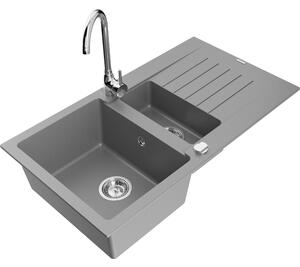 Mexen Matias chiuvetă de granit 1,5 camere cu scurgător și baterie de bucătărie Telma, gri - 6502-71-670200-00