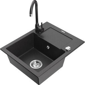 Mexen Enzo chiuvetă de granit cu o singură cuvă cu scurgător și baterie de bucătărie Telma, negru cu puncte