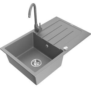 Mexen Bruno chiuvetă de bucătărie din granit cu 1 cuvă cu suport și baterie de bucătărie Telma, gri - 6513-71-670200-71