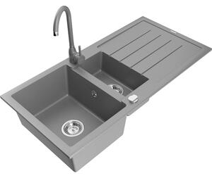 Mexen Andres chiuvetă de granit cu 1,5 compartimente cu scurgător și baterie de bucătărie Telma, gri - 6515-71-670200-71