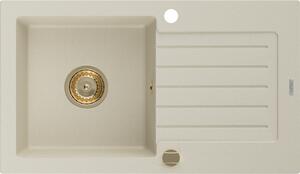 Mexen Pablo chiuvetă de bucătărie din granit cu 1 compartiment și scurgător 752 x 436 mm, bej, sifon auriu - 6510751010-69-G