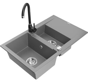 Mexen Gaspar chiuvetă de granit cu 1,5 cuve cu scurgător și baterie de bucătărie Telma, gri - 6507-71-670200-70