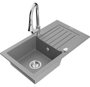 Mexen Pablo chiuvetă din granit cu 1 compartiment, cu scurgător și baterie de bucătărie Elia, gri - 6510-71-670101-00