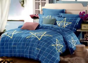 Lenjerie de pat pentru o persoana cu husa elastic pat si fata perna dreptunghiulara, Blue smile, bumbac mercerizat, multicolor