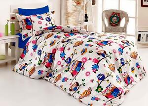 Lenjerie de pat pentru o persoana cu husa elastic pat si fata perna dreptunghiulara, Bufnita vesela, bumbac ranforce, gramaj tesatura 120 g mp, multicolor